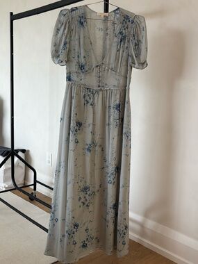 LoveShackFancy Pale Blue Floral Maxi Dress with Puff Sleeves